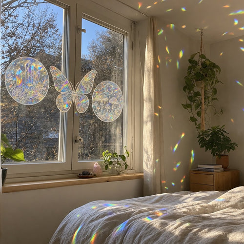 Rainbow window stickers casting rainbows across a bedroom (illustration)