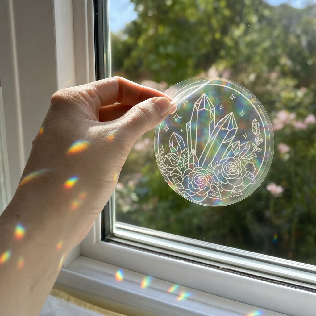 Pressing a suncatcher sticker onto a window (illustration)