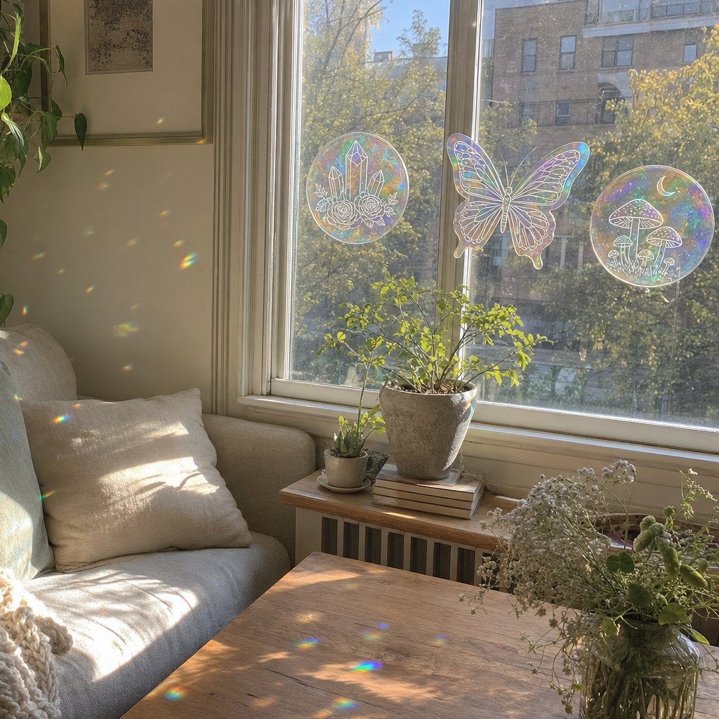 Suncatcher stickers on a living room window (illustration)
