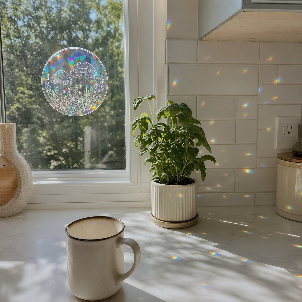 Mushroom Moon suncatcher on a kitchen window (illustration)